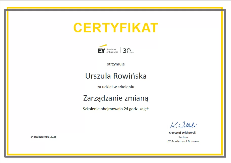 Certyfikat ukończenia szkolenia Zarządzanie Zmianą - Ula Rowińska