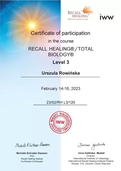 Certyfikat ukończenia szkoły Psychologii Źródła – Ula Rowińska